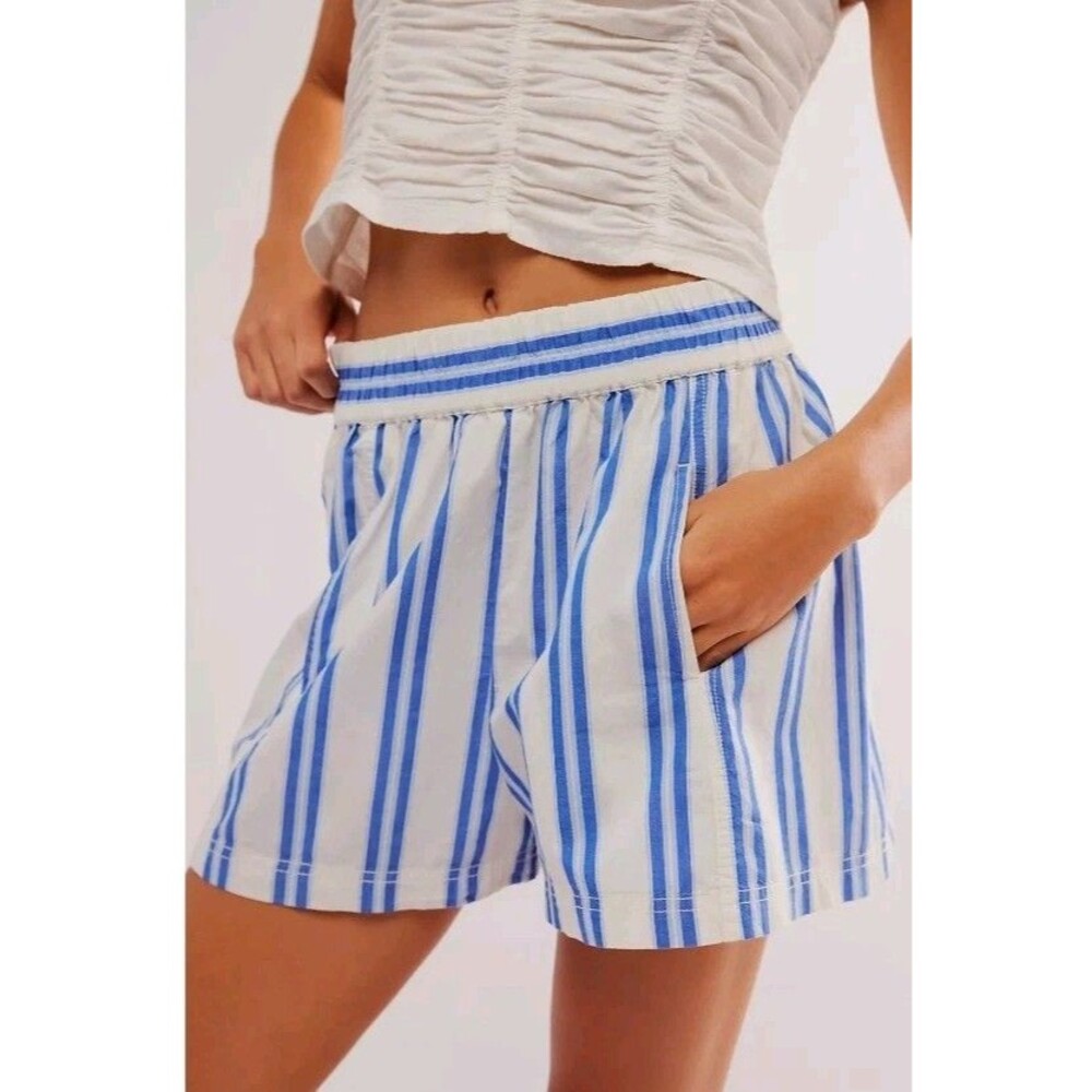 Free People Get Free Pull On Shorts Medium Blue White Striped Coastal Nautical